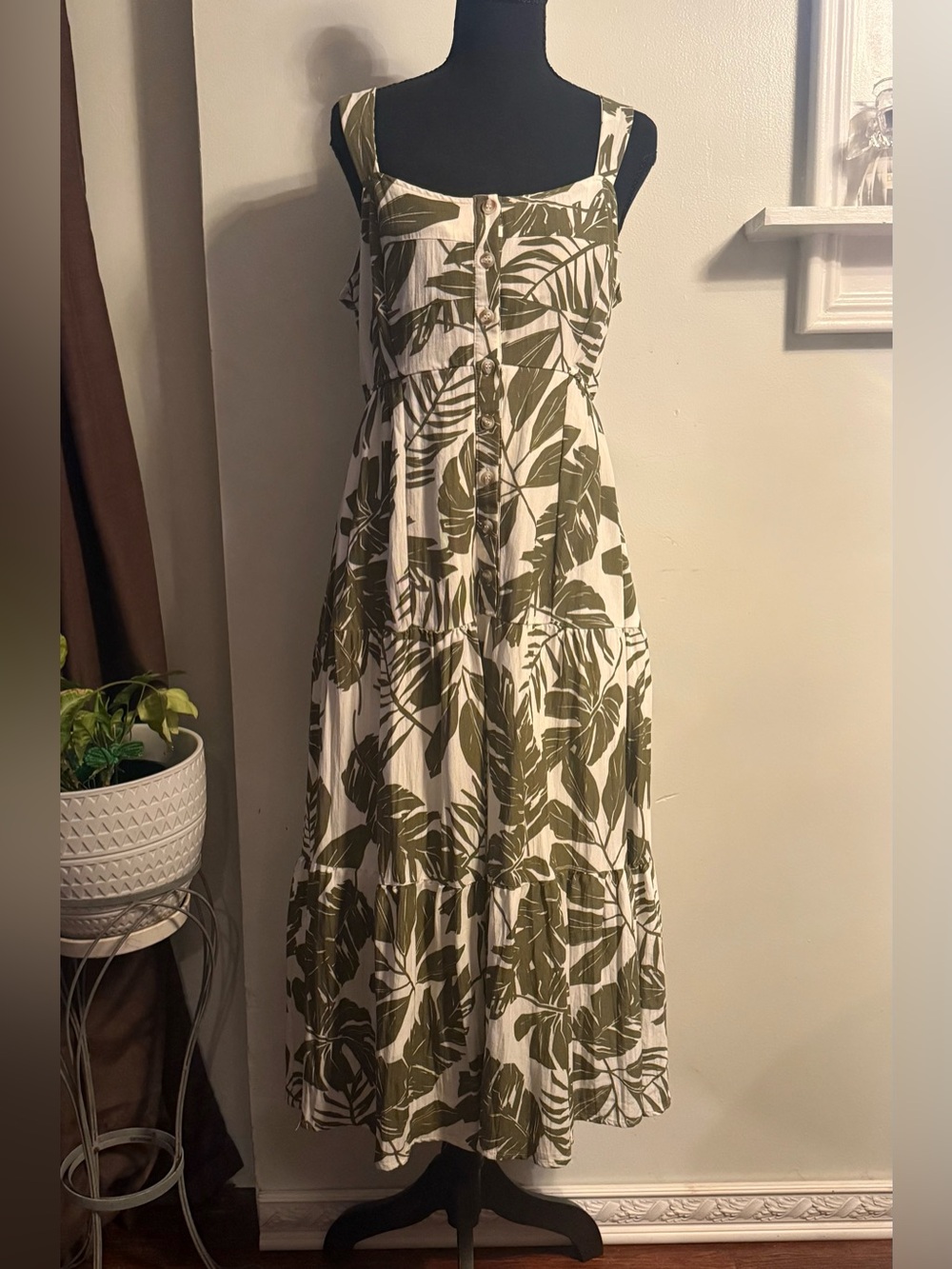 Button-Front Olive Leaf Print Tiered Maxi Dress